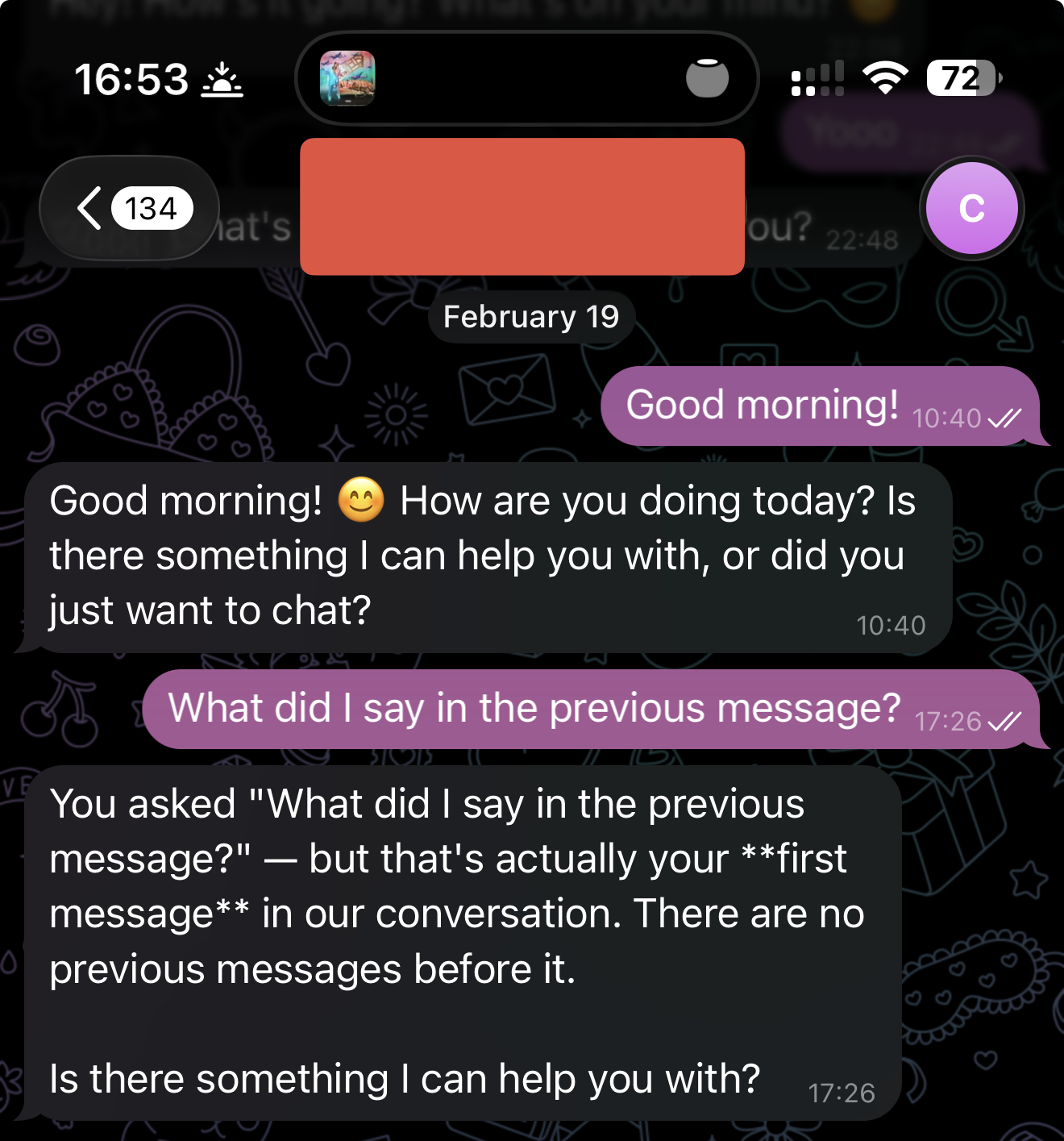 Telegram chat showing per-message amnesia